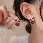 Brownish Red Heart Bow Earrings