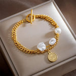 Coin Pearl Gold Chain Bracelet