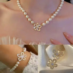 Set of Pearl Flower Pendant Necklace Bracelet earring