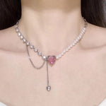 Pink Crystal with Pearl, Dimond Korean Necklace